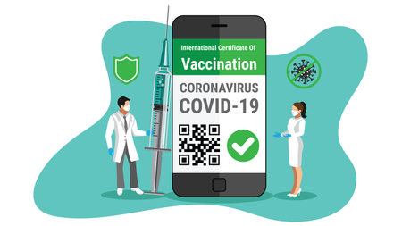 Covid-19 vaccine e-passport on a smartphone with QR code certificate e-passport app for international travel concept. Doctor holding Coronavirus vaccine syringeのイラスト素材