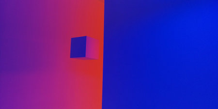 Red and blue space with a cube and geometryの素材