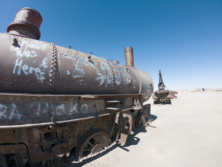 rusty steam locomotive near Uyuni in Bolivia. Cemetery trains.