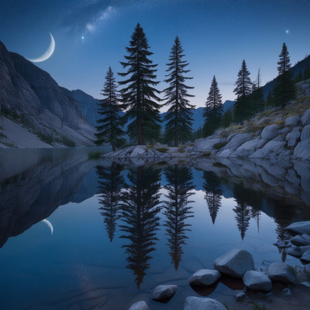 Beautiful mountain lake mirroring trees under a crescent moon.の素材