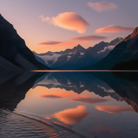 Majestic mountains reflected in still waters under a vibrant evening skyの素材