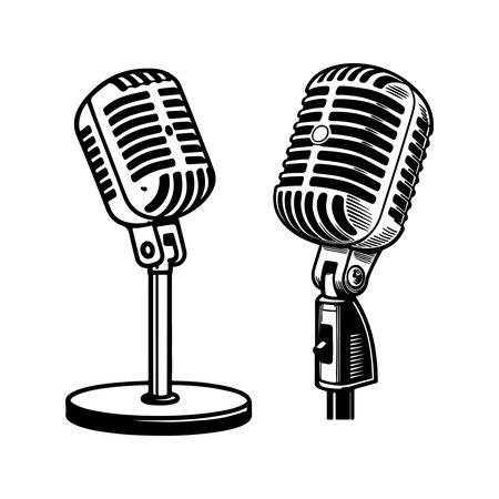 Retro microphone isolated on white background. Black and white vector illustration.のイラスト素材