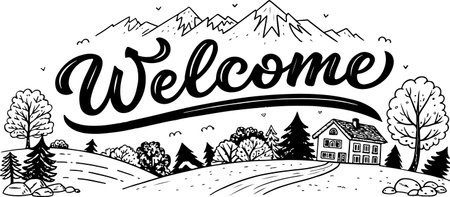 Welcome hand drawn lettering. Vector illustration in black and white.のイラスト素材