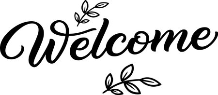 Welcome text sign illustration in black and white with leaves on white backgroundのイラスト素材