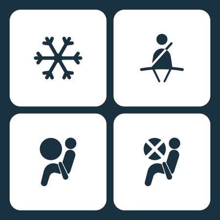 Vector Illustration Set Car Dashboard Icons. Elements Snow, Seat belt, Airbag, and Airbag icon on white background.のイラスト素材