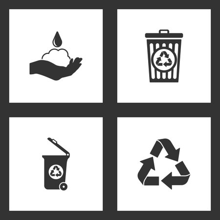 Vector Illustration Set Cleaning Icons. Elements of soap, bin recycle, Trash can and Recycle icon on white backgroundのイラスト素材