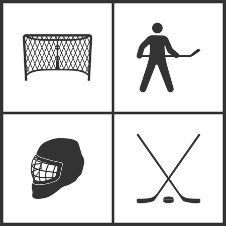Vector Illustration of Sport Set Icons. Elements of Hockey goal geyts, Hockey player, Hockey Helmet and Hockey icon on white backgroundのイラスト素材