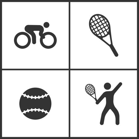 Vector Illustration of Sport Set Icons. Elements of Bicycle, Tennis, Tennis ball and Tennis player icon on white backgroundのイラスト素材