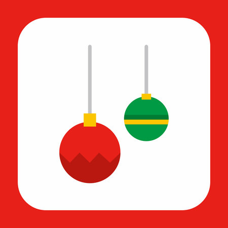 Multicolored vector icon of Christmas balls with ribbons on red backgroundのイラスト素材