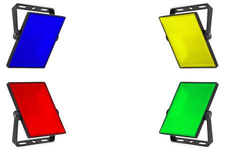 A set of four isolated LED spotlights in red, blue, yellow and green colors on a white background. Diffuser with small cells. A high resolution.の写真素材