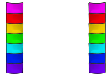 Two sets of seven LED spotlights of pink, red, blue, yellow, green, turquoise, blue and purple colors on a white background. Diffuser with small cells. A high resolution.の写真素材