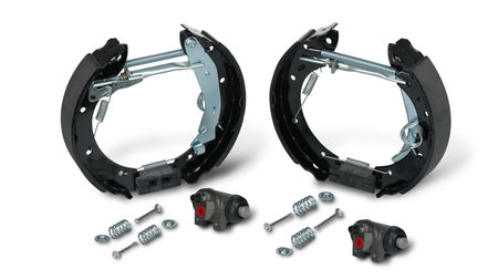 Set of new drum brake pads rear axle on a white background. car repair. spare parts.の写真素材