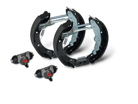 Rear drum brake kit pre-assembled set. Close-up detail on a white background.の写真素材
