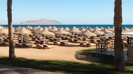 Hotel beach on the Red Sea coast near Tiran Island. High resolution photo.の写真素材