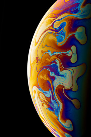 Close-up of soap bubble surface on black background. Bright colors and abstract pattern.の写真素材