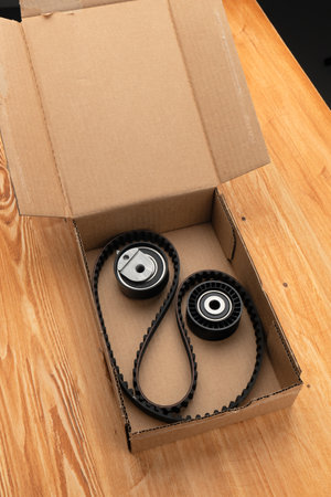New timing belt kit with rollers in a cardboard box on a wooden table. Car repair parts.の写真素材