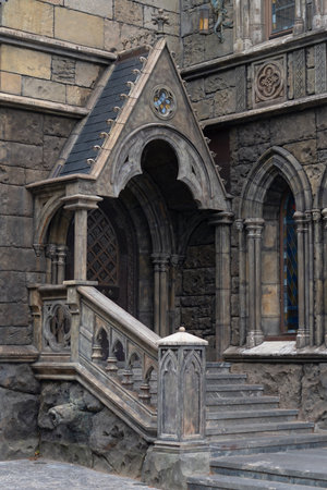 Russia, Samara Oblast, Khryashchevka village - July 31, 2023. Detailed view of the staircase to the main tower entrance of Garibaldi Castle. High resolution. Architecture and landmarks.のeditorial素材