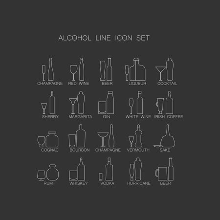The icon set Alcoholic beverages . Line images of bottles and glasses for drinks.のイラスト素材