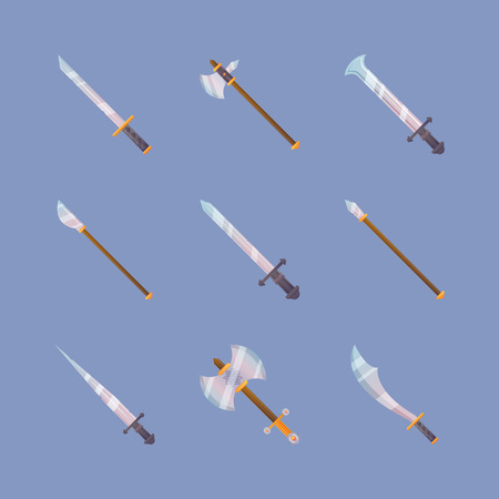 Collection of decoration weapon for game on blue background. Set of medieval cartoon weapon. Vector illustration of sword, spear, axe.のイラスト素材