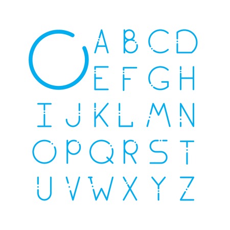 Thin vector font. Futuristic outline alphabet. High quality line alphabet set. Elegant blue signs on white background. Latin minimal alphabet letters.のイラスト素材
