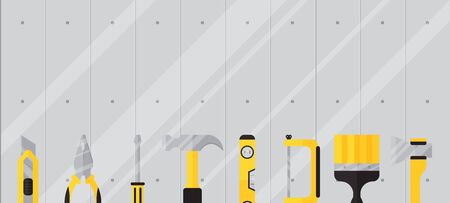 Construction tool on metallic background. Flat vector illustration for web design. Colorful horizontal banner for web site. Knife, brush, hammer and other tool on gray background.のイラスト素材