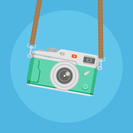 Green camera with brown strap on blue background vector concept.Retro photo camera illustration in modern style.Color picture for design web site, web banners, printed materials.のイラスト素材