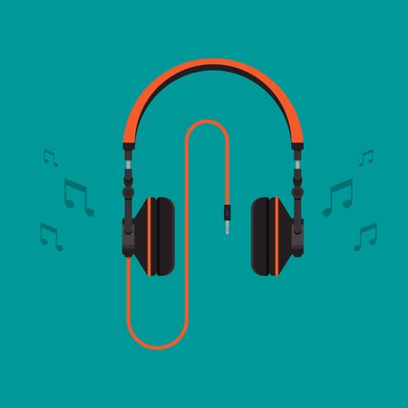 Headphones with note on pattern vector concept. Headset illustration in modern flat style. Color picture for design web site, web banner, printed material. Dj headphones icon. Earphones vector.のイラスト素材