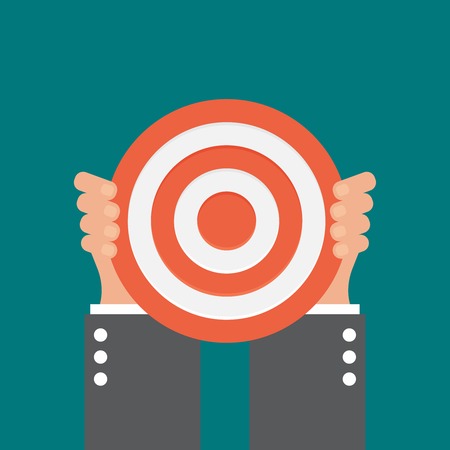 Target, arrow with hand on background vector concept. Goal illustration in modern flat style. Color picture for design web site, web banner, printed material. Focus flat icon.のイラスト素材