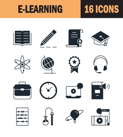 E-learning icon set. Collection of education silhouette icons. 16 high quality monochrome signs of training on white background. Pack of symbols for design website, mobile app, printed material, etc.のイラスト素材