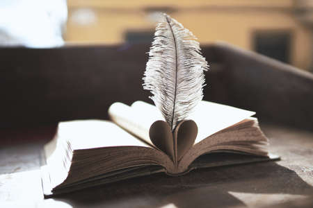 Open book with pages folded in the shape of a heart and a feather between them on wooden tableの写真素材