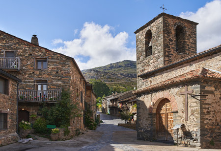 Valverde de los Arroyos, Spain - October 3, 2021: Streets of Valverde de los Arroyos (Spain). Typical stone constructions and black slate roofs. Rural.のeditorial素材