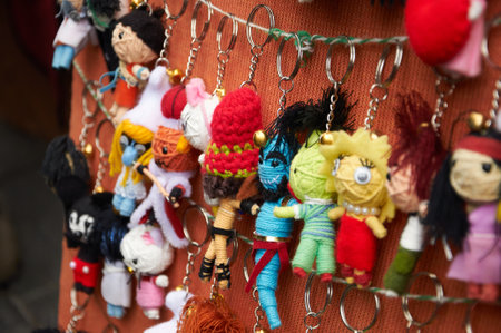 18-11-2012 Madrid, Spain - Close-up of handmade wool key chains resembling famous animated charactersのeditorial素材