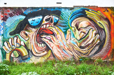 10-20-2012 Guernica, Spain - A dazzling graffiti masterpiece, bursting with colors and imagination, transforms the urban landscapeのeditorial素材