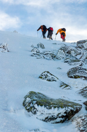 Tree snow hikers climbing a snowy mountain during a snowstorm in Cabezas de Hierro mountain in Spain