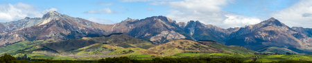 Panoramic view of mountains in southern island New Zealandの写真素材