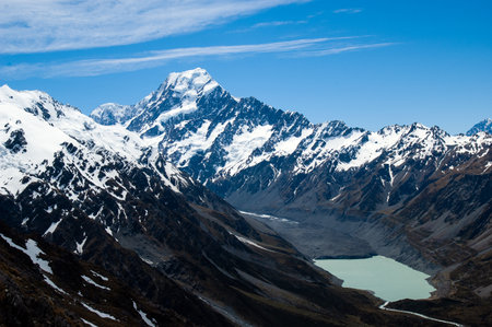 Mueller glacier lake view with snowy mountains mount Cook in the background, Aoraki mount cook national park new zealandの写真素材