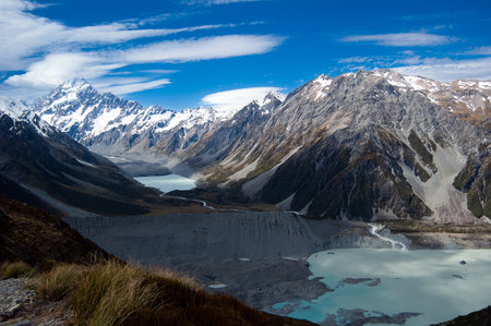 Mueller glacier lake panoramic view with snowy mountains in the background, Aoraki mount cook national park new zealandの写真素材