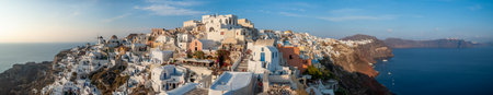 Panoramic view of the village of Oia on the island of Santoriniの写真素材
