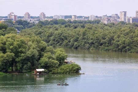 Great War Island in Belgrade, Serbia, seen from Memorial of 1915 Belgrade Defenders, on the opposite side on Danube river. Island is located at the confluence of Sava and Danube riversの写真素材