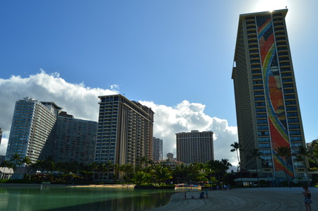 Waikiki Artificial Beach With Incredible Skyscrapers Background. Oahu, Hawaii, USA, EEUU.のeditorial素材