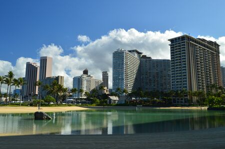Waikiki Artificial Beach With Incredible Skyscrapers Background. Oahu, Hawaii, USA, EEUU.の写真素材