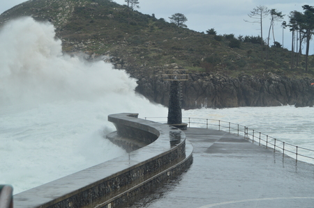 Wonderful Snapshots Taken In The Port Of Lekeitio Of Huracan Hugo Breaking Its Waves Against The Port And The Rocks Of The Place. March 24, 2018. Cantabrian Sea Nature Landscapes. Lekeitio Vizcaya Basque Country Spain.の写真素材