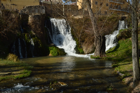Two Great Cascades Of The River Cifuentes To Its Pass By Trillo Leaving In The Tagus River. Nature, Travel, Vacation. Trillo, Guadalajara, Castilla La Mancha, Spain.の写真素材