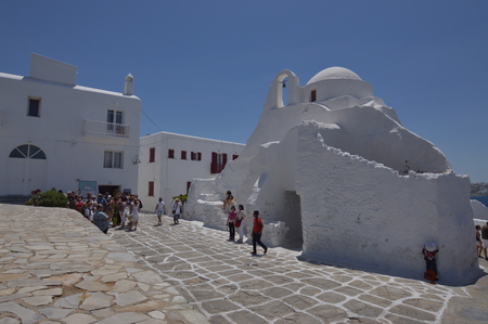 Main Facade Of The Church Of Paraportiani In Chora Island Of Mikonos .Arte History Architecture.3 Of July 2018. Chora, Island Of Mikonos, Greece.のeditorial素材
