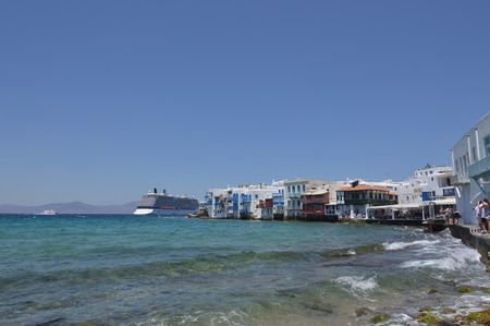 Beautiful Views Of The Neighborhood Of Little Venice With Its Idilicos Restaurants In Chora Island Of Mikonos .Arte History Architecture July 3, 2018. Chora, Island Of Mikonos, Greece.のeditorial素材