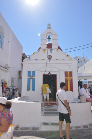 Main Facade Of A Church On The Streets Of Chora. Architecture Landscapes Travels Cruises. July 3, 2018. Chora, Mykonos Island Greece.のeditorial素材