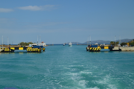 Boat Entering The Corinth Canal. Architecture, Travel, Landscape. July 8, 2018. Corinth Canal Peloponnesus Greece.の写真素材