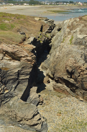 Slate Rock Cracks On The Beach Of The Cathedrals In Ribadeo. August 1, 2015. Geology, Landscapes, Travel, Vacation, Nature. Beach of the Cathedrals, Ribadeo, Lugo, Galicia.のeditorial素材