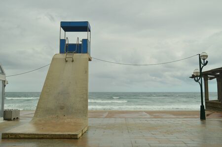 Beautiful Beach Of Zarauz With Its Picturesque And High Posts Of Lifeguards On A Rainy Day With Strong Wind Caused By The Temporary Hugo. Landscapes Travel Nature. March 26, 2018. Zarautz Guipuzcoa Basque Country Spain.のeditorial素材