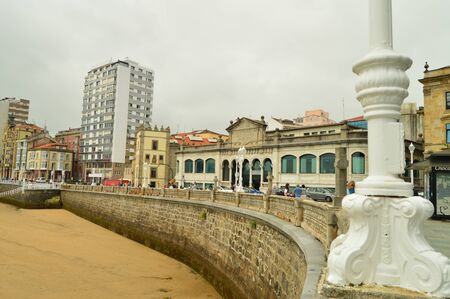 San Lorenzo Beach With Its Market Building Looking At The Sea In Gijon. Architecture, Travel, Holidays, Cities. July 31, 2018. Gijon, Asturias, Spain.のeditorial素材